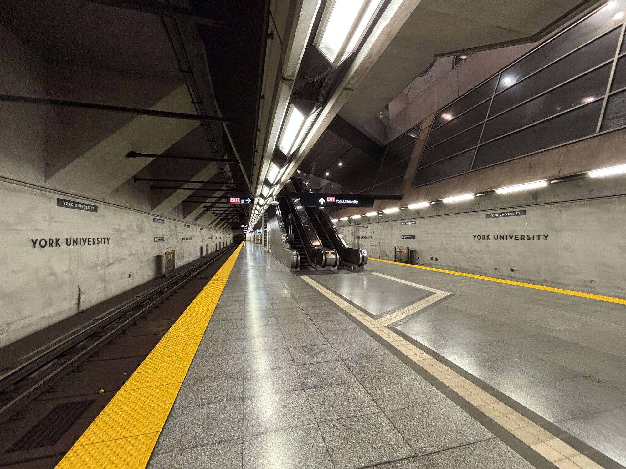 Escalators and platform level at York University subway station